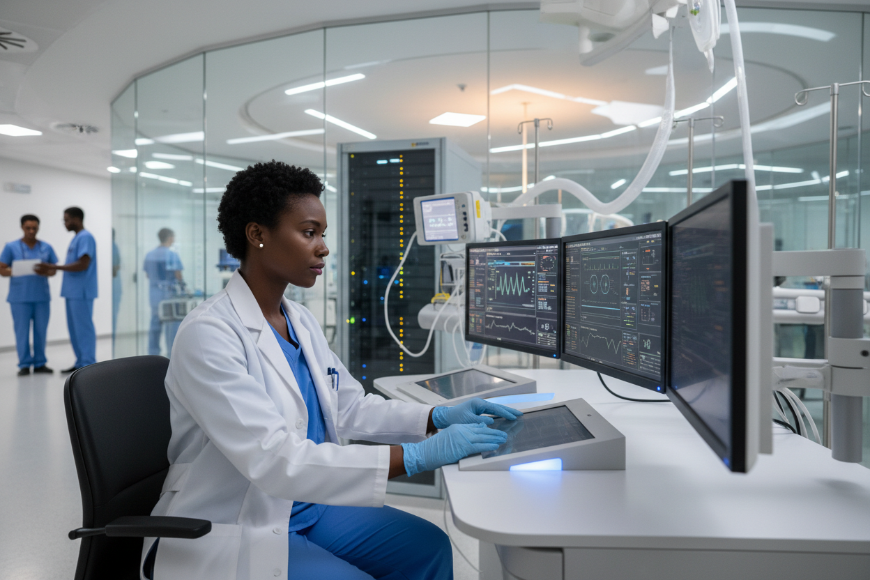 black doctor working with equipments