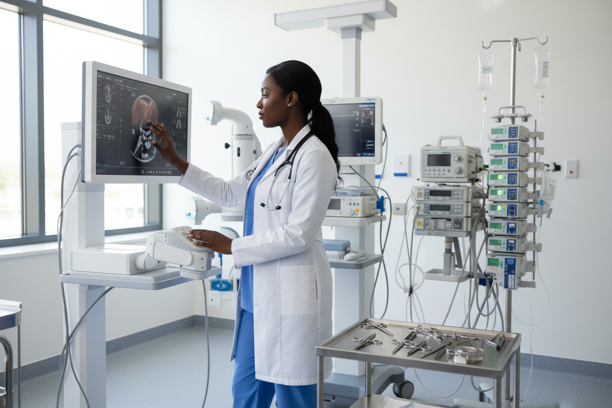 black doctor working with medical appliances
